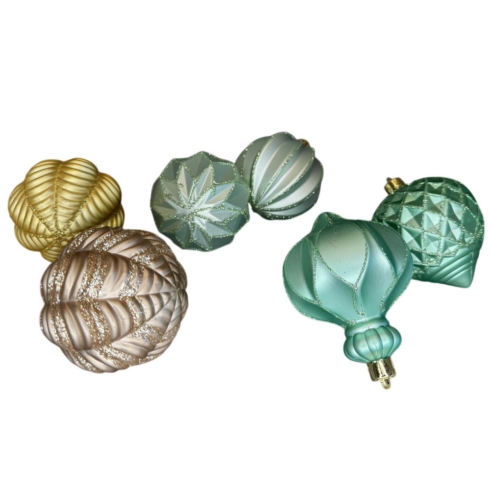 Set of 6 Sage Green Gold Champagne Textured Glitter Christmas Ornaments Assorted